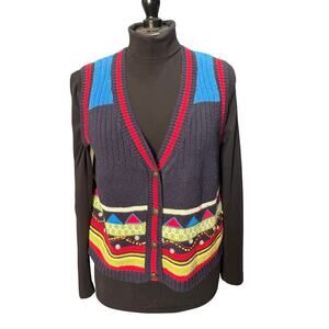 Carole Little Vintage Sweater Vest wearable art Primary Colors Embellished Sz M